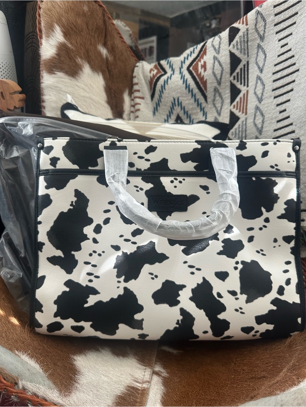 Wrangler Black and White Cow Print Laptop Tote